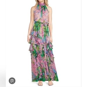Alex Marie Nina Wisteria Chiffon Halter Neck Sleeveless Tiered A-Line Dress